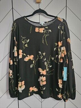 NWT Envision Studio Floral Peasant Sleeve Jersey Blouse, Plus 2X